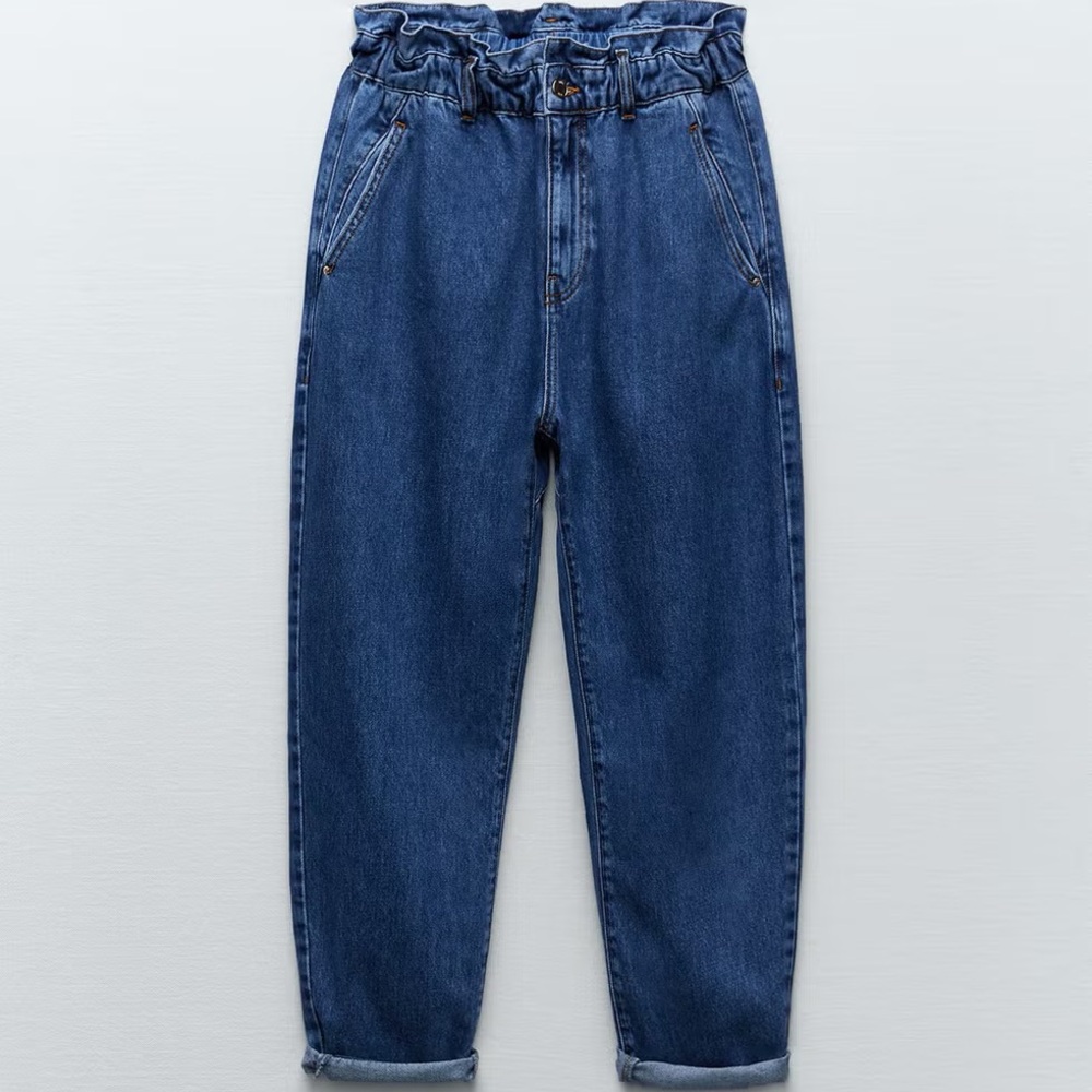 Zara Slouchy Baggy Paperbag Waist Jeans Blue High Rise Relaxed Denim Size 10